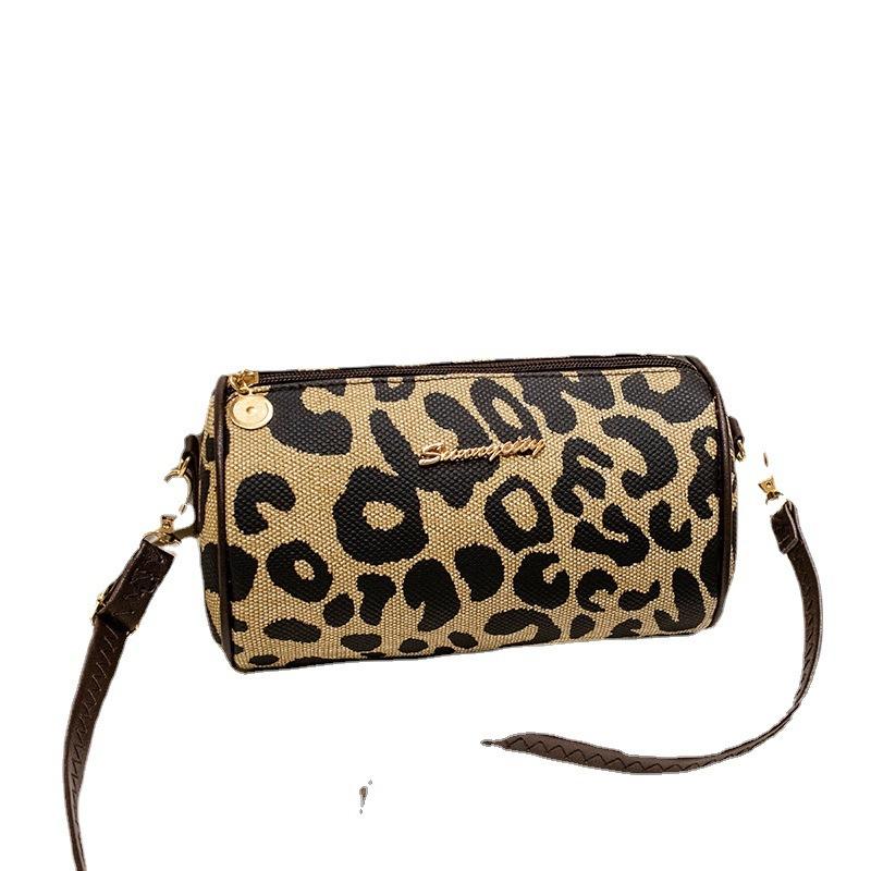 Novel and Fashionable Retro Leopard Print Cylinder Bag New Trendy Shoulder Zipper Messenger Women's Bag