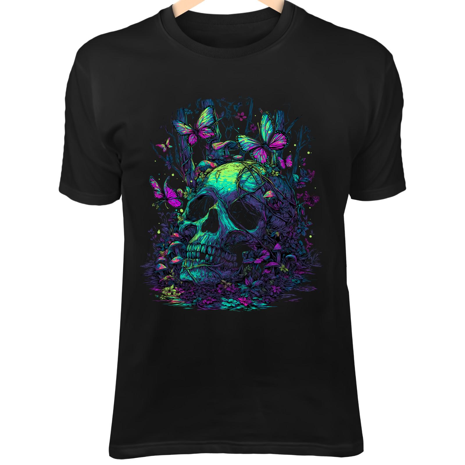 Forest Skull Art - Neon Mushrooms, Wildflowers, Vines & Glowing Butterflies S разноцветный