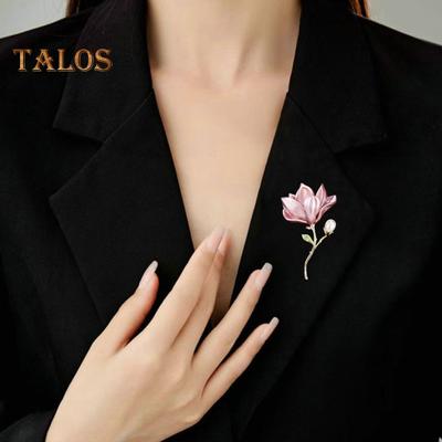 Magnolia Flower Brooch for Women Artificial Flower Pins Faux Pearl Enamel Badges Lapel Pins for Jackets Dresses Coats Accessories