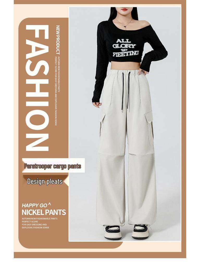 High Waist Wide Leg Paratrooper Pants - Casual Autumn Floor-Length Sportswear
