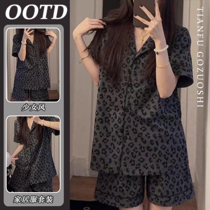 

[High-quality imitation cotton] Cute leopard print short-sleeved pajamas for women s new summer lazy wind loose and thin M