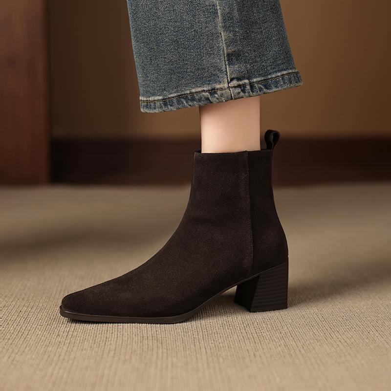 Krazing Pot Cow Suede Nubuck Winter Round Toe Chunky Heels Fashion Boots Women Zipper Retro Elegant Women Ankle Boots