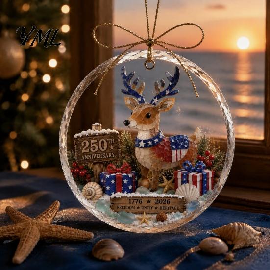 Acrylic Holiday Decorations 250 Anniversary USA Sea Glass Christmas Ornament, 1776-2026 Patriotic Faux Crystal Tree Hanging Ornaments Clear Keepsake,