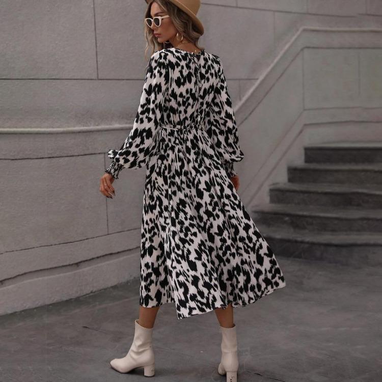 Vestiti Primaverili Casual da Donna a Linea ad A con Stampa Leopardata, Manica Lunga, Vita Alta, Scollo O, Allacciatura, Lunghezza alla Caviglia