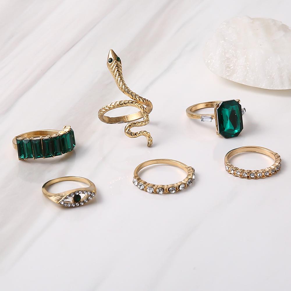 Vintage Emerald Snake-Inspired Diamond-Studded 6-Piece Knuckle Ring Set