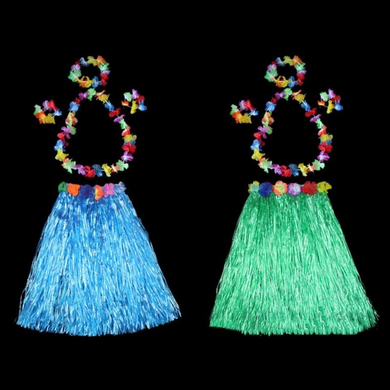 Hawaiian Hulas Grass Skirt with Flower Costume Outfits Set Necklace Headband Bracelet for Luaus Tropical Beach Party Decor