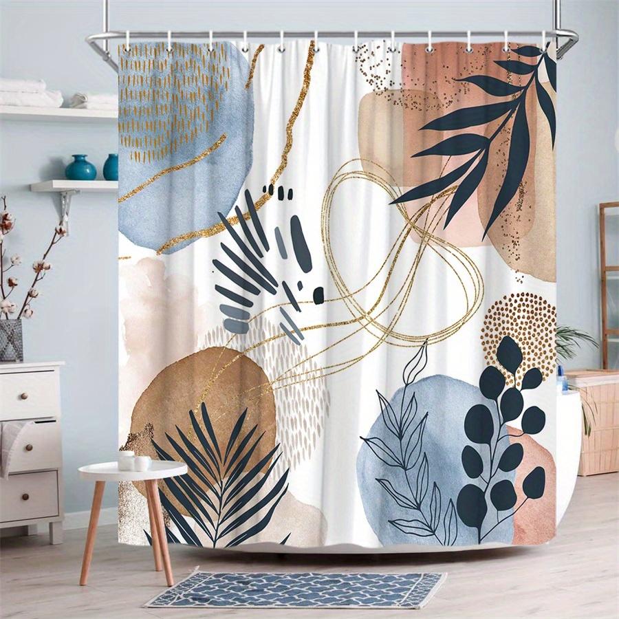 1Pc Abstract Geometric And Nature Style Shower Curtain, Machine Washable Polyester With Hooks For Bathroom Decoration