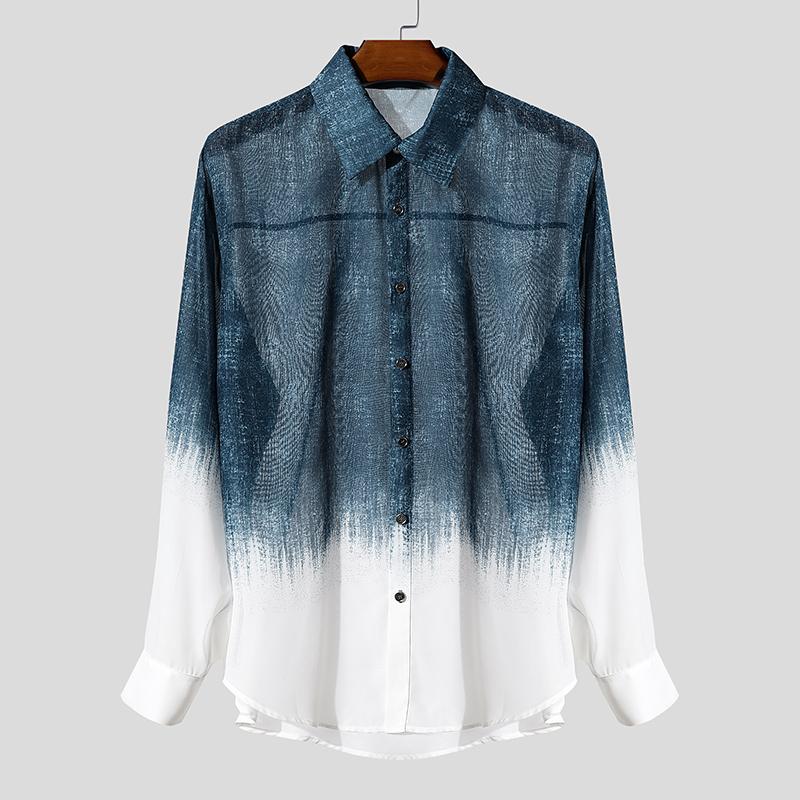 

INCERUN Мужские Прозрачные Повседневные Рубашки Сверховерсайз с Длинным Рукавом и Градиентным Принтом