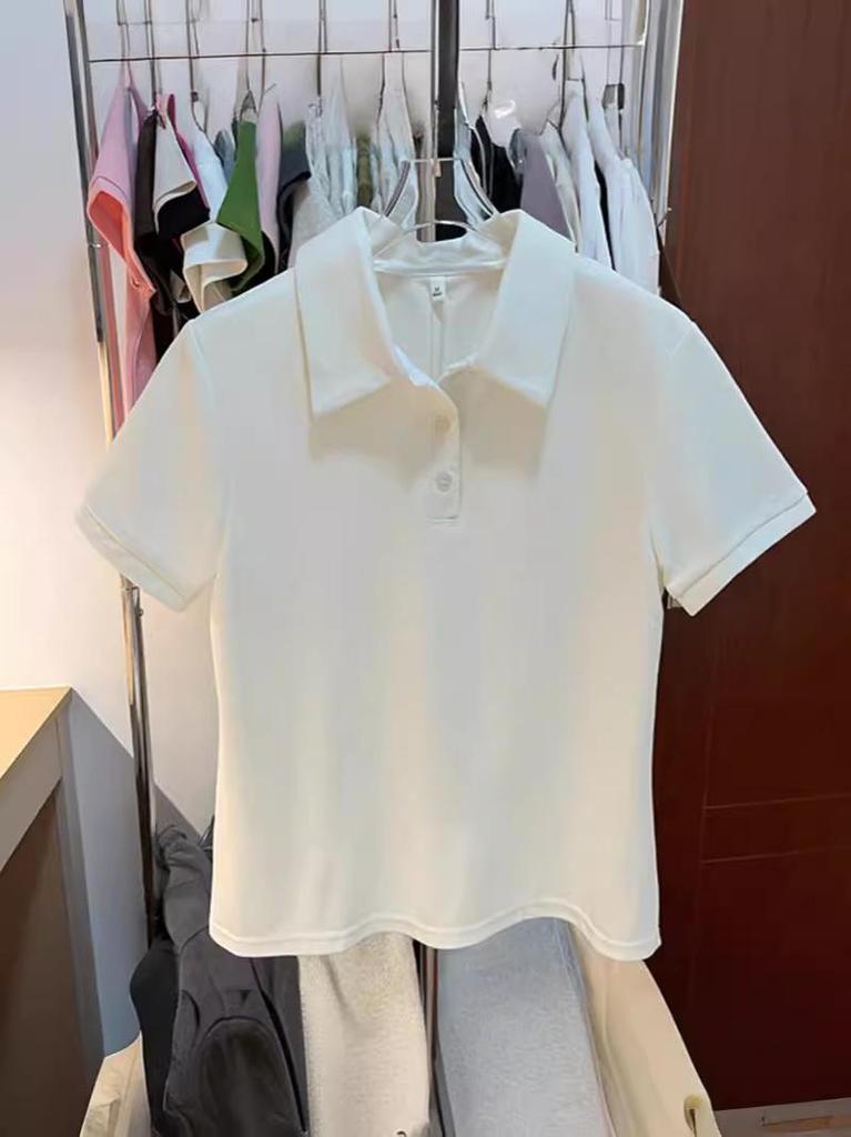 Women's Casual White Button-Up Polo Collar T-Shirt - Summer 2026 Stylish Versatile Short-Sleeved Top