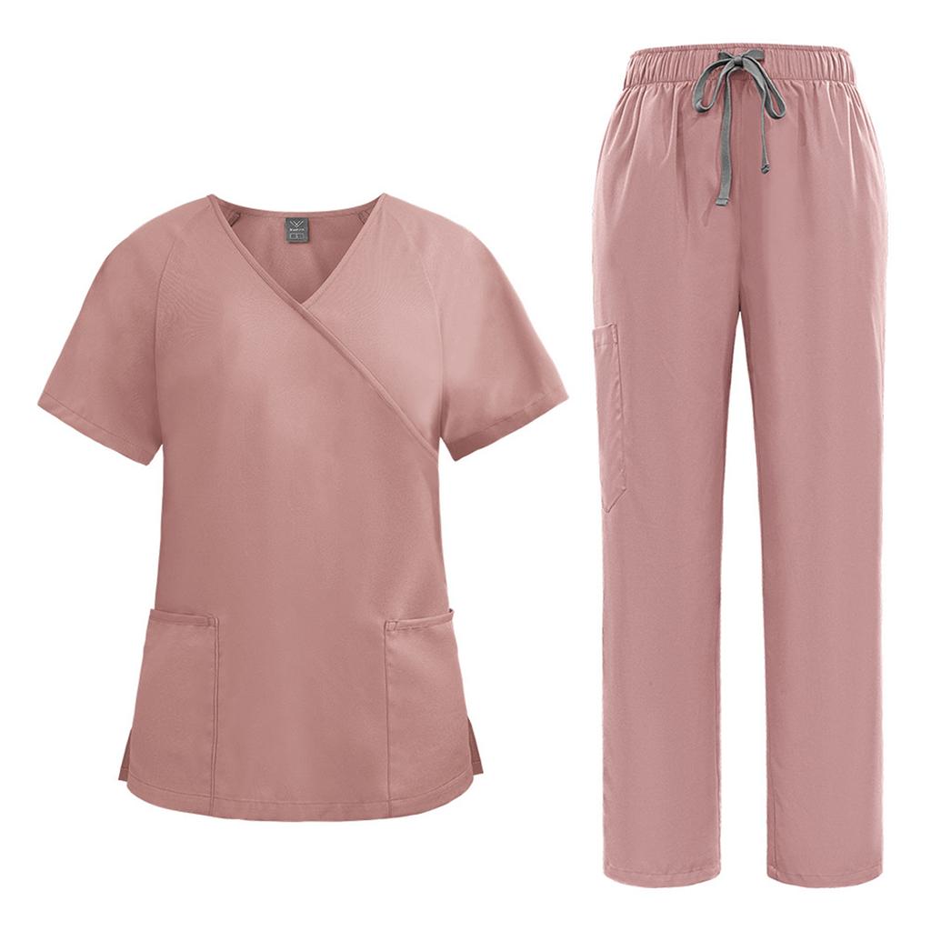 Women's Loose And Comfortable V-neck Short Sleeved Workwear With Tie Up Top And Waist Cinching Beauty Suit Set