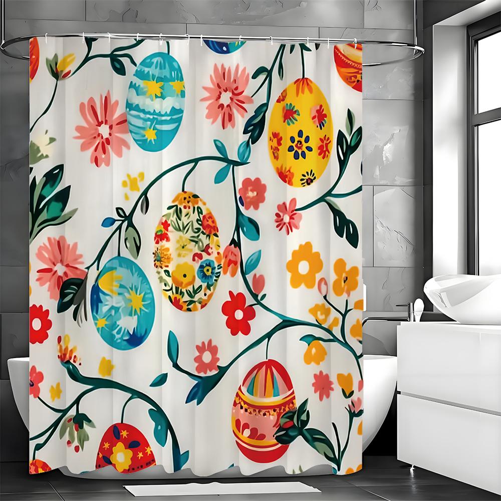 Easter Egg Floral Shower Curtain, Bathroom Decorative Shower Curtain, Waterproof Shower Curtain with Hooks