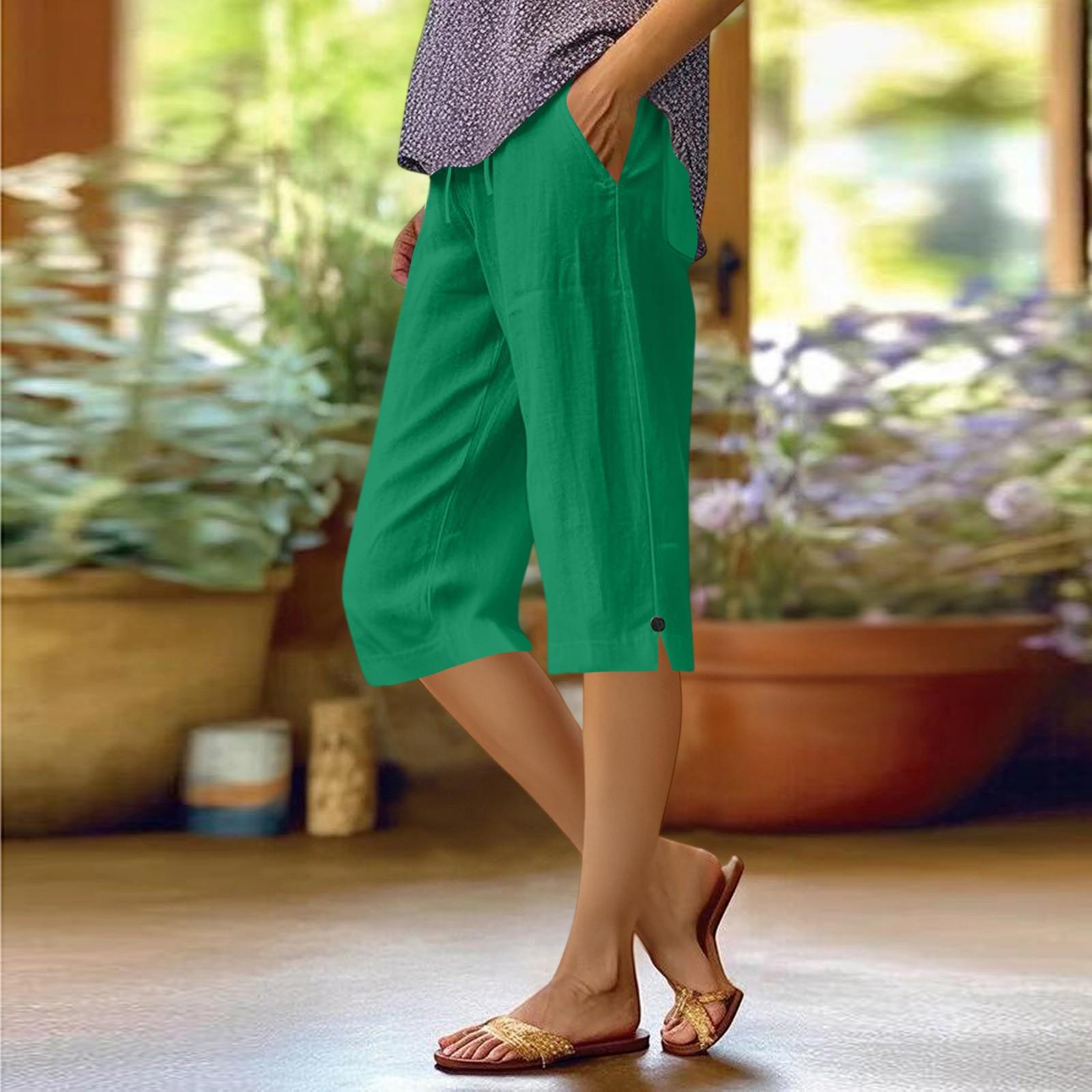 

Брюки для женщин, повседневные летние однотонные эластичные брюки с высокой талией из хлопка и льна, свободные брюки с карманами и завязками до середины штанин S зелёный