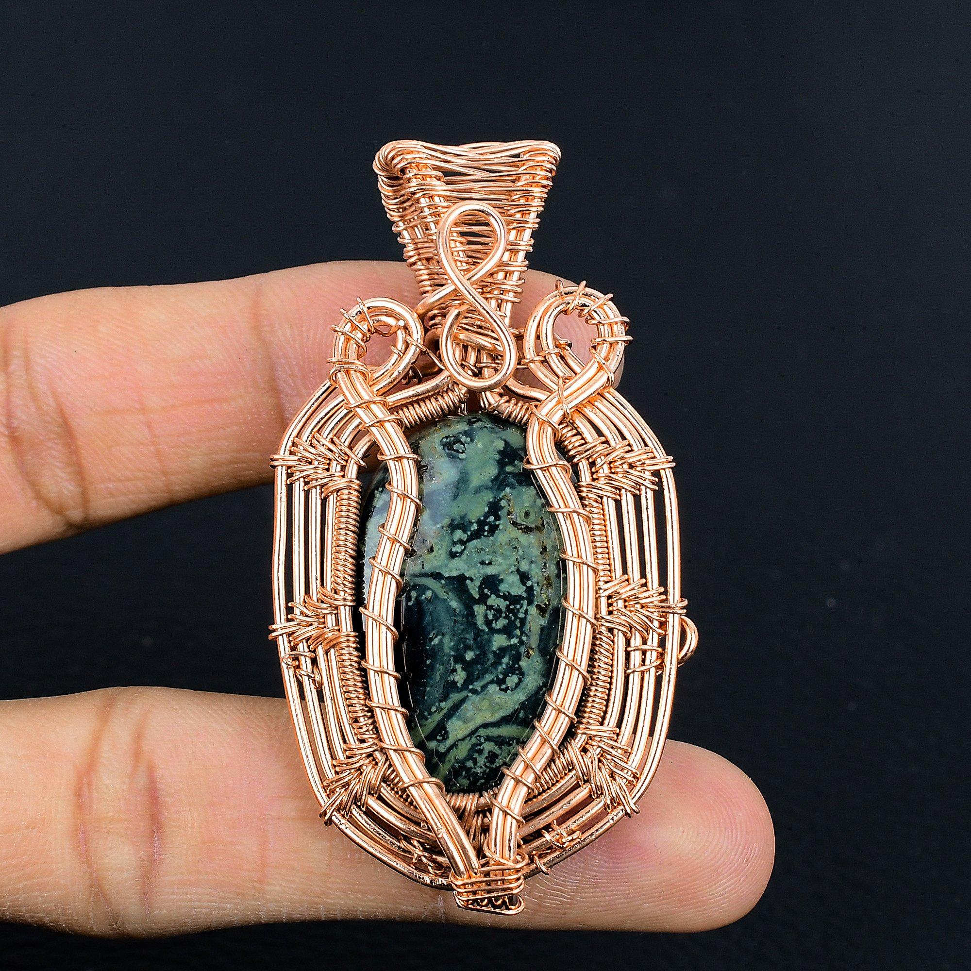 

Kambaba Jasper Handmade Gemstone Pendant, 999 Copper Wire Wrapped Pendant Unique Design Jewelry, For Thanksgiving 2.55 Inches