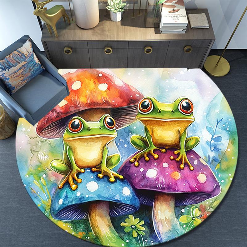 Frog Toad Mushroom Round Area Rug,Carpet Rug for Living Room Bedroom Sofa Playroom Decor,Non-slip Floor Mat