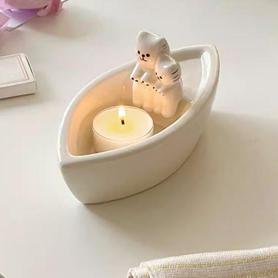 Cat Candle Holder Boat-Shaped Aromatherapy Cup Kittens Warming Paws Tea Light Holder for Home Bedroom Living Room Decor
