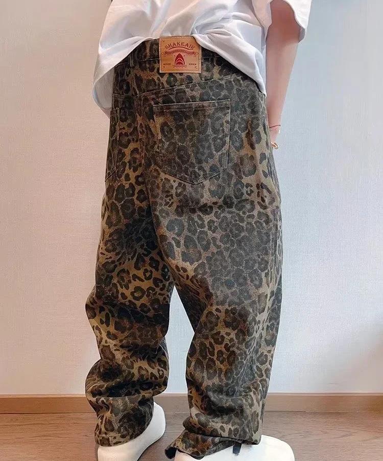 Unisex Tan Leopard Jeans Denim Pants Women Oversize Wide Leg Trousers Streetwear Hip Hop Vintage Loose Casual Animal Print