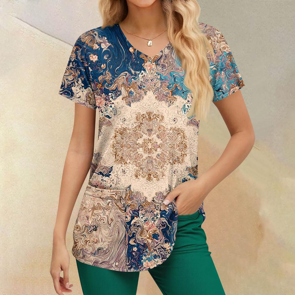 Plus Size Printed Scrub Working Uniform Tops For Women's V-Neck Print Short Sleeve Fun T-Shirts Workwear Tee With Pockets
