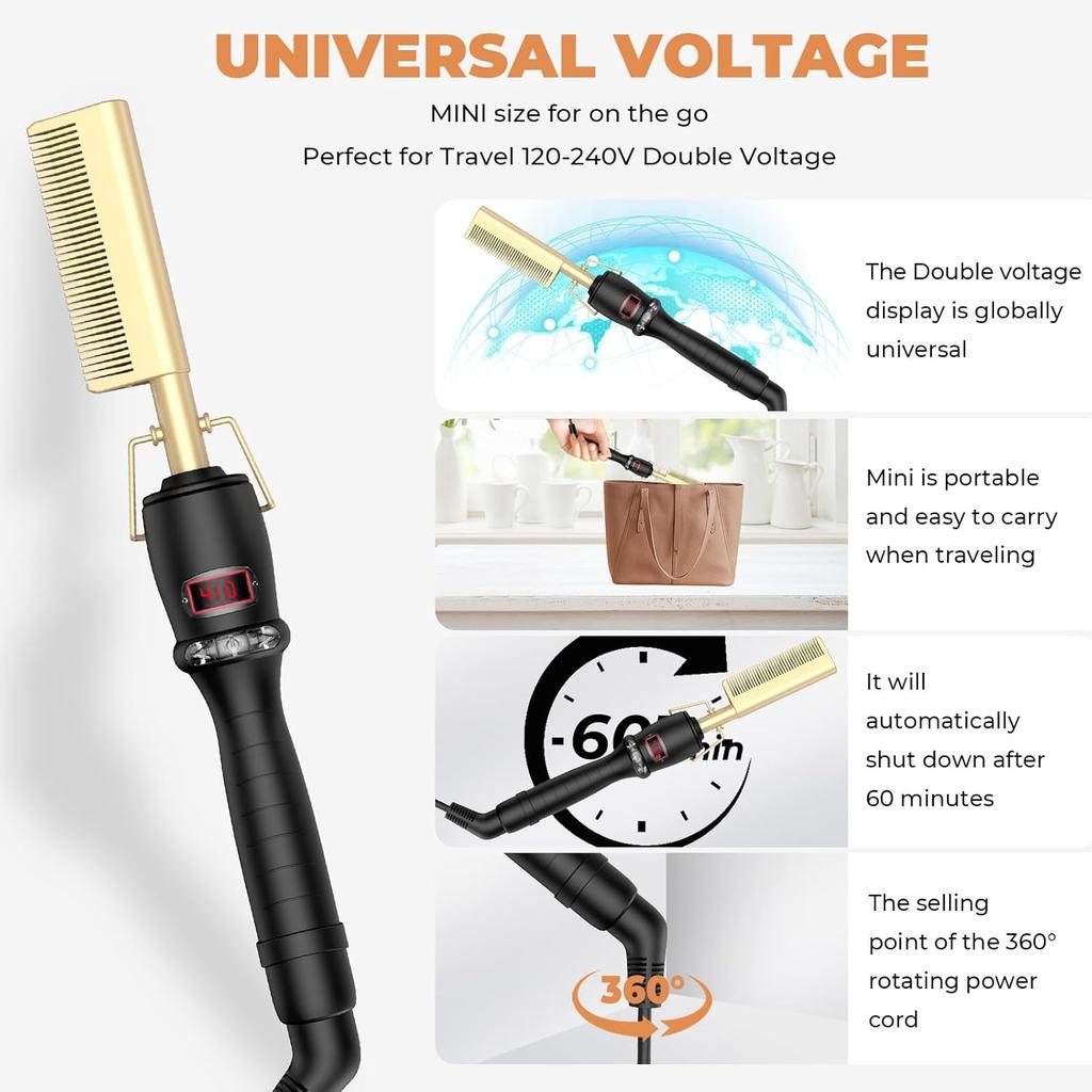 Dual Voltage Ceramic Pressing Comb - 450°F Fast Heating Straightening Comb 2-in-1 Hair Curler and Straightener Hot Comb