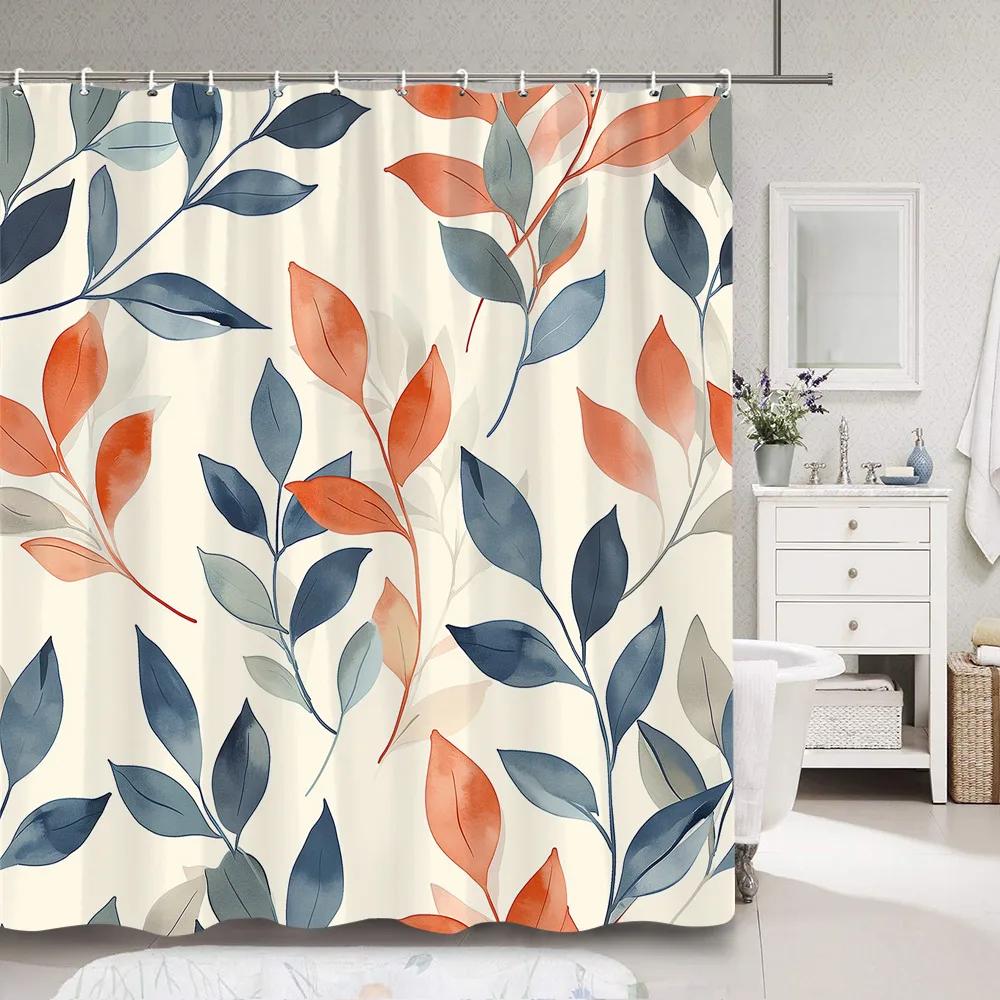 Zasłona prysznicowa w kształcie liścia Prosta, nowoczesna, kolorowa, z poliestru, zasłona prysznicowa z motywem liści, dekoracja łazienki z haczykami, akcesoria łazienkowe