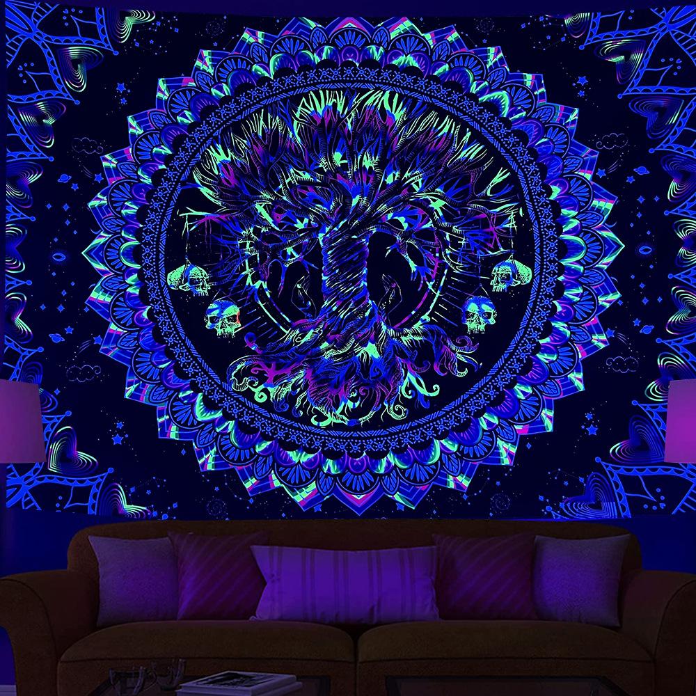 Fluorescent Mandala Tapestry, Psychedelic Mushroom Decoration, Bedroom, Aesthetic Room, Art Decoration