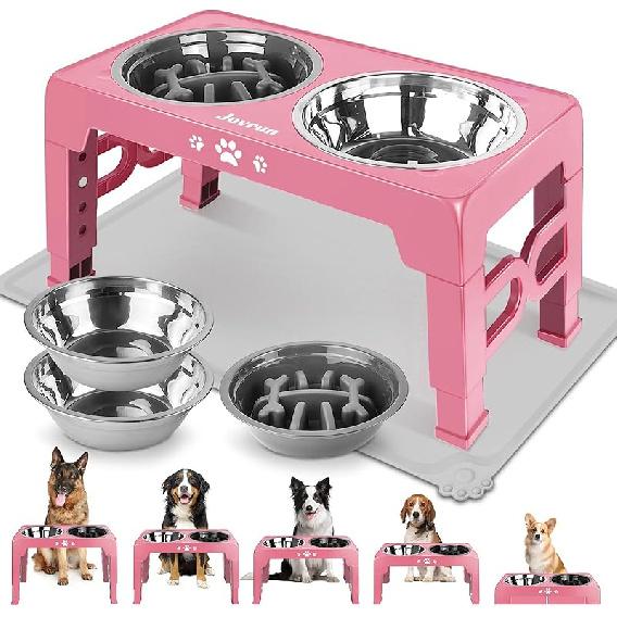 Elevated Dog Bowls, Dog Feeder with 2 Stainless Steel Dishes &1 Slow Feeder Bowl, 5 Heights Adjustable Raised Stand for Medium Large, Food Dishes