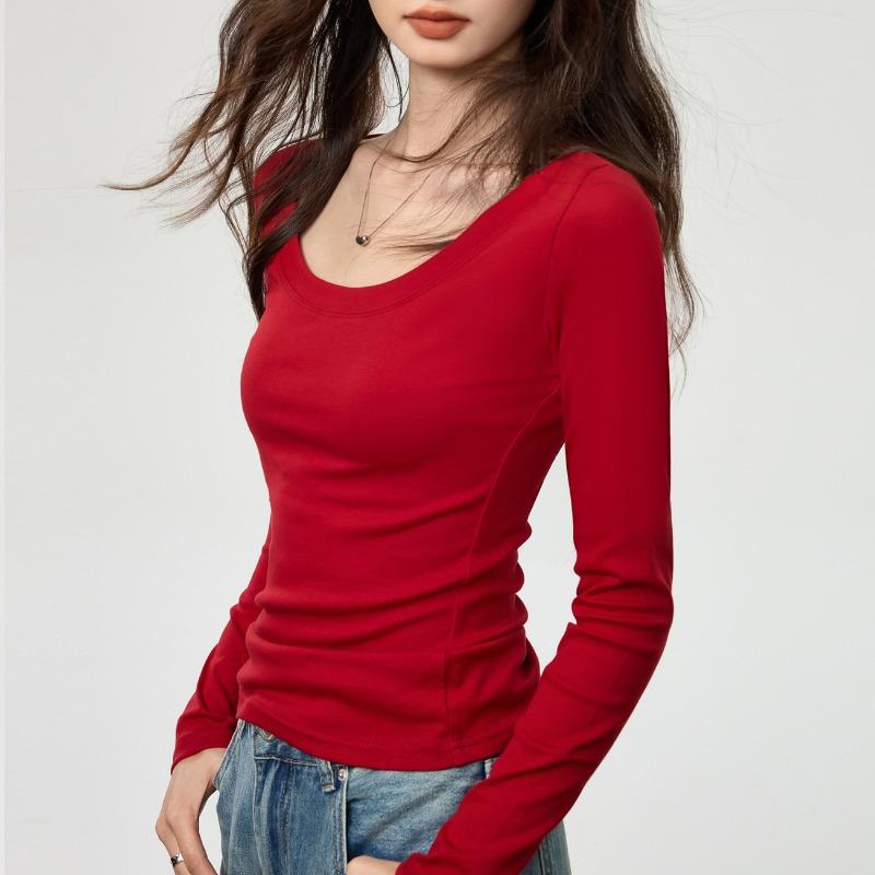 Women S U Neck Long Sleeve Fitted Cotton T Shirt Casual Basic Top