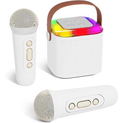 Máquina de karaokê para crianças, mini alto-falante portátil de karaokê Bluetooth com 2 microfones sem fio e luzes LED para festa em casa