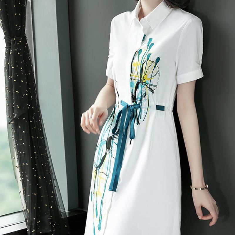 Polo Collar Printed Dress Elegant Temperament Shirt Dresses Comfortable OL Loose Dress with Lapel Neck