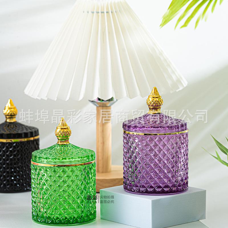Stained Glass Storage Jar with Lid Snacks Candy Box Aromatherapy Candle Bottle Glass Container Jewelry Storage Jar Home Decor