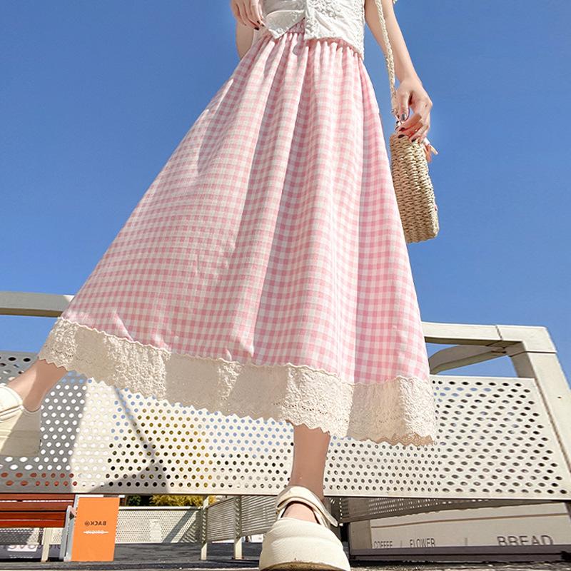 Women's High Waist Checkered Lace Trim A-line Midi Skirt (2025)