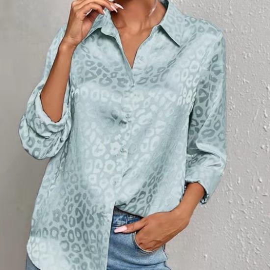 QICED Women's Spring Summer Lapel Open Button Leopard Print Jacquard Shirt Temperament Commuter Long Sleeve Shirt