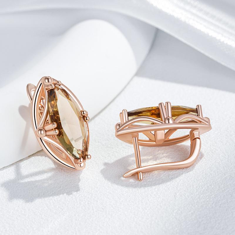 Rhombus Brown Natural Zircon Drop Earrings For Women Fashion  Rose Gold Color High Quality Bride Wedding Jewelry