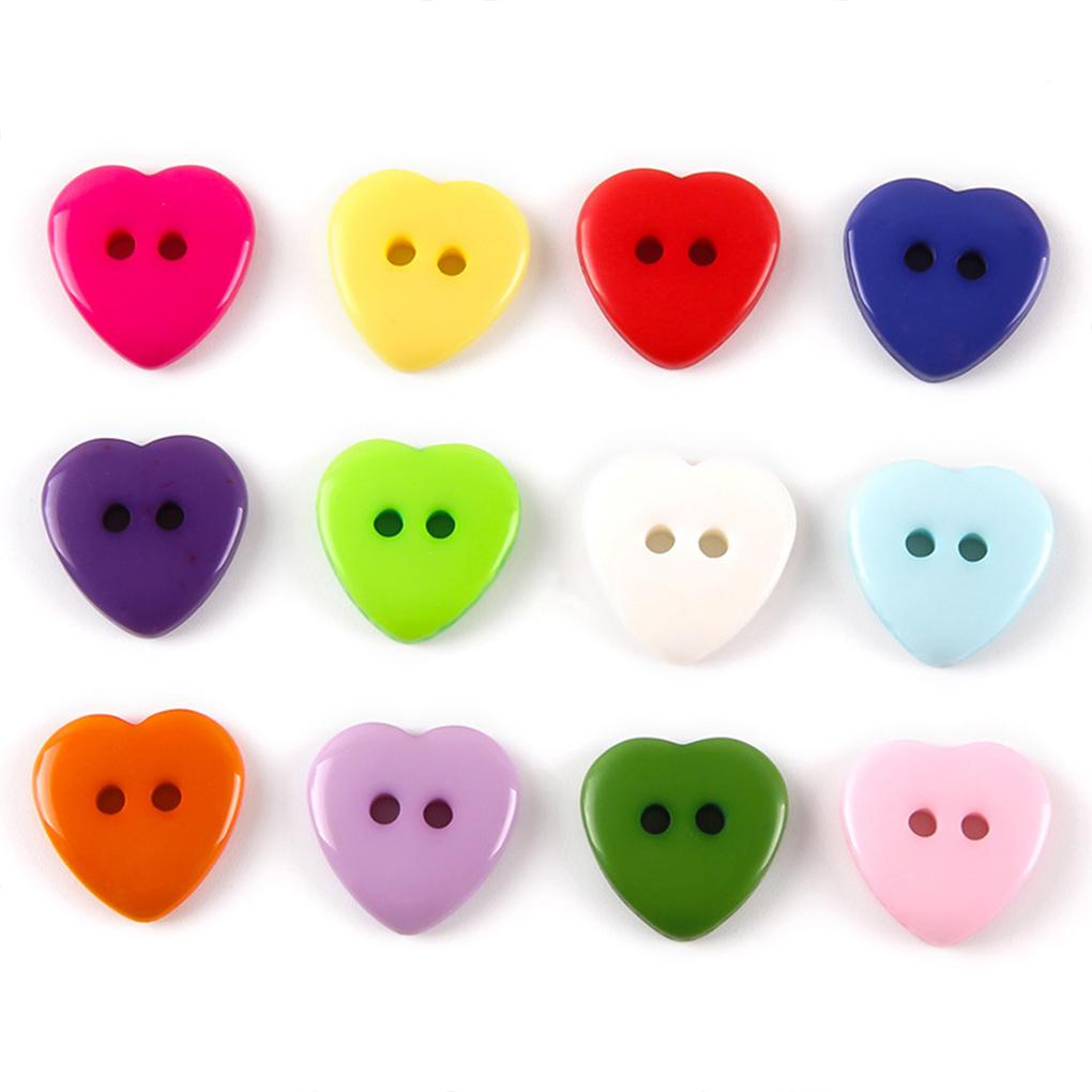 100 Pieces Heart Shape Plastic Buttons Knitting Sewing Fastener Mixed Color Button with 2 Holes DIY Connector for