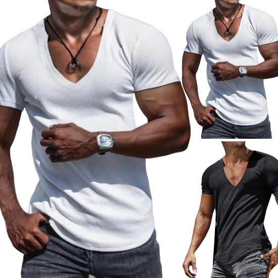 Men Shirt V-Neck Solid Color Breathable Sweat Absorption Quick Dry Dress-up Washable Summer Men Sports T-Shirt Pullover Top for Men