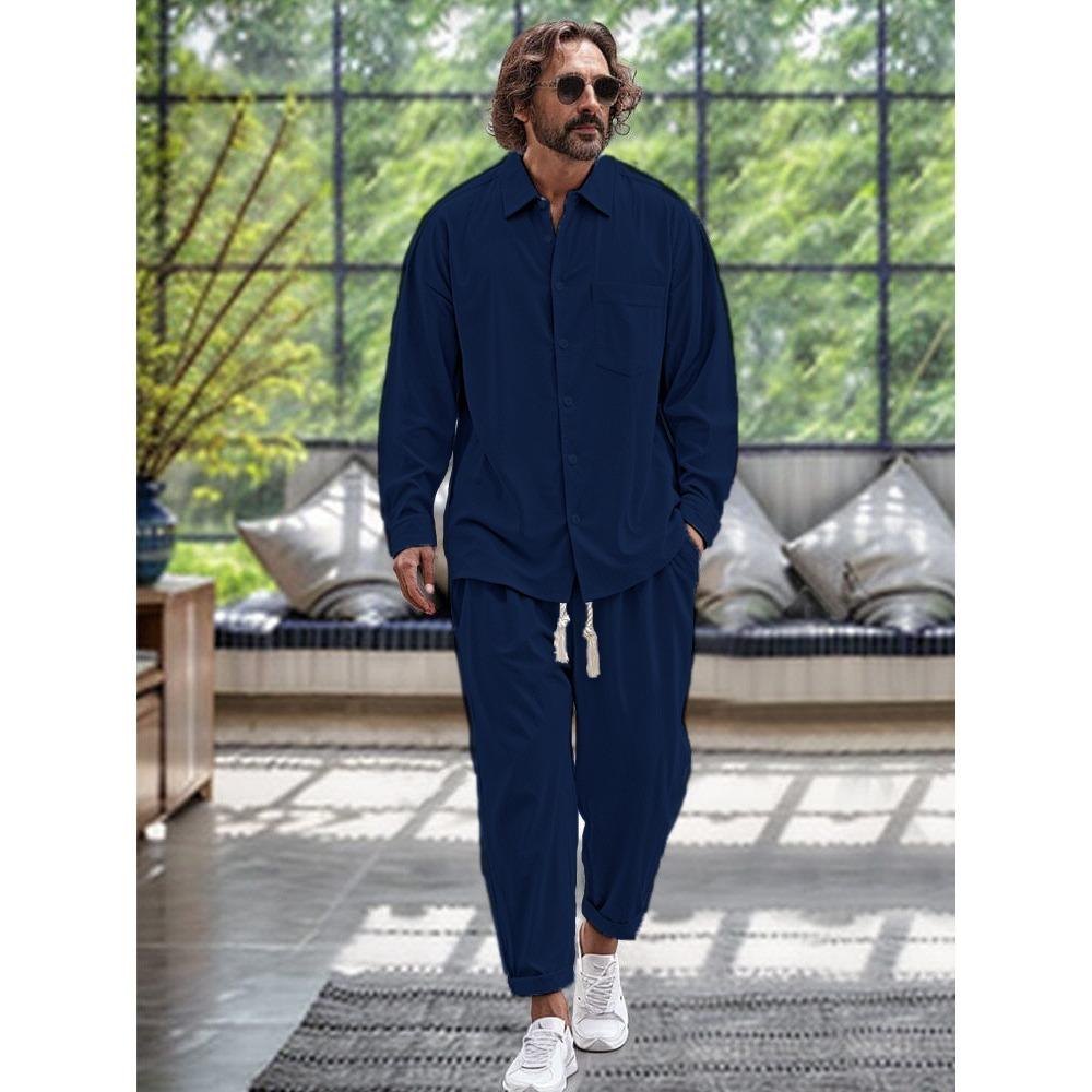 

Мужская повседневная рубашка с длинными рукавами и воротником, длинные брюки, комплект из хлопка и льна XXL темно-синий