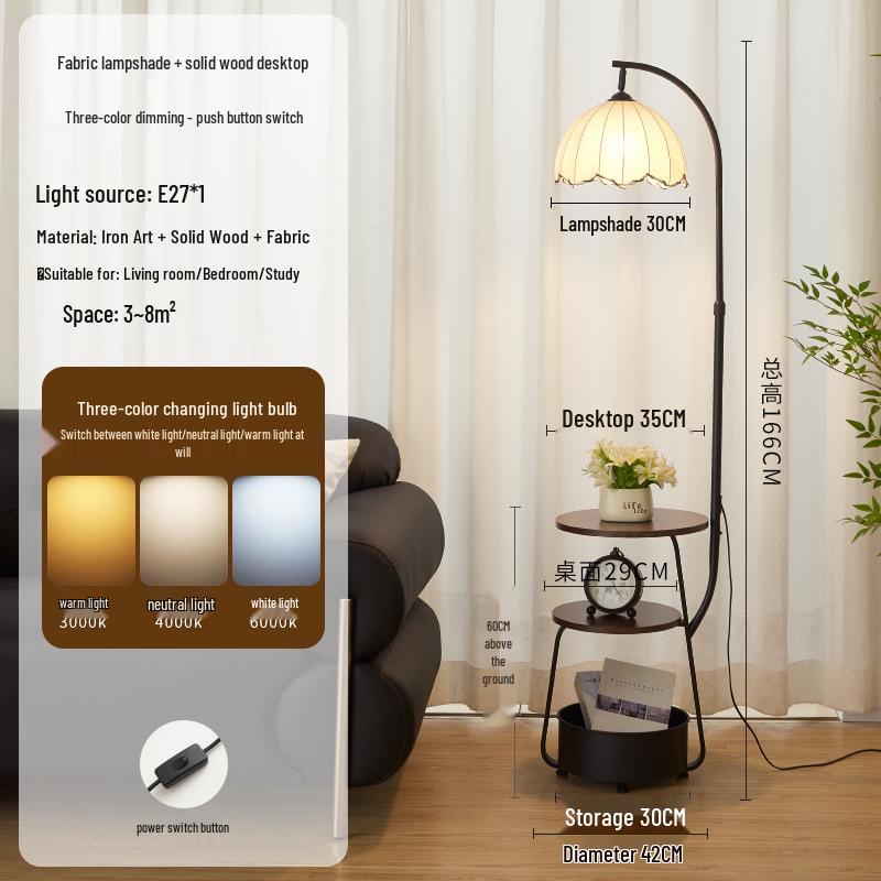 Chinese-Style Floor Lamp for Living Room & Bedside Table with Storage - Integrated Bedroom Atmosphere Decor