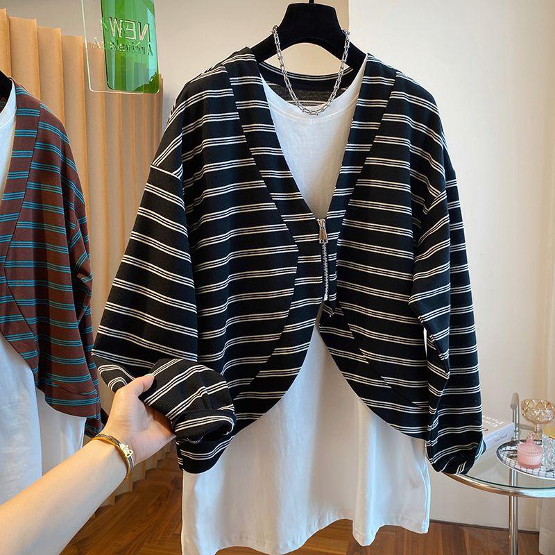 Женские большие размеры Пэчворк Оверсайз Уличная одежда Полосатая толстовка Топы из двух частей с имитацией Толстовка на молнии Харадзюку Свободные футболки L 1980₽