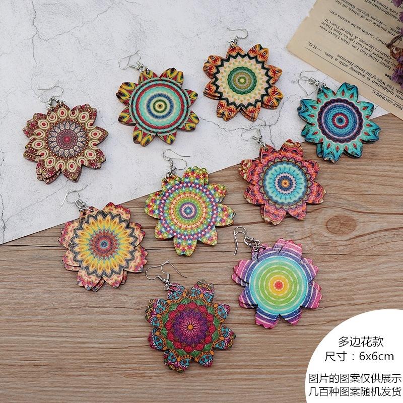 Bohemian vacation style wooden earrings retro personality exaggerated print earrings femininity long earrings