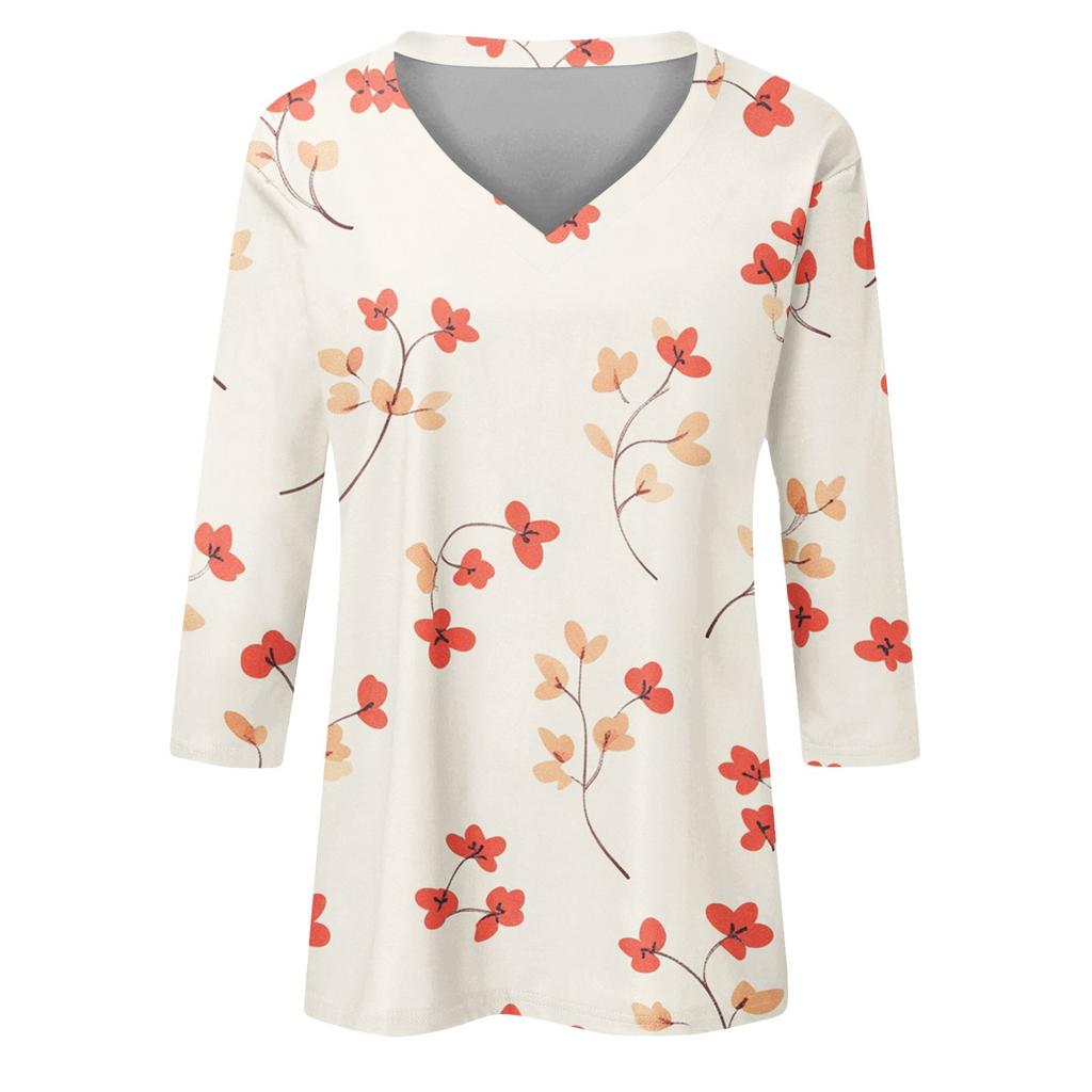 Women's Tops Three-quarter Sleeve Shirt V-neck Loose Casual Shirt Floral Printed T-shirt