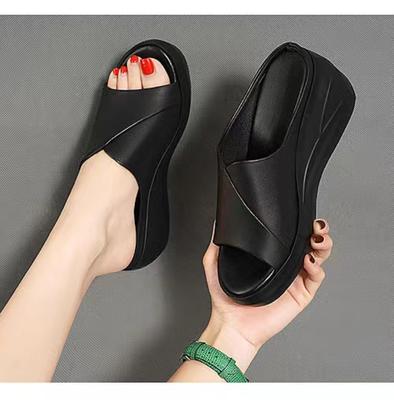Fashion Summer Women 2024 New Fish Mouth Non-slip Thick Bottom Soft Leather Sandals Ladies Slides Casual Wedge Heel Slippers 40