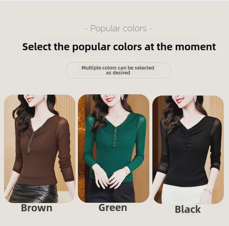 Autumn 2023 V-Neck Waist-Slimming Beaded Mesh Top for Women