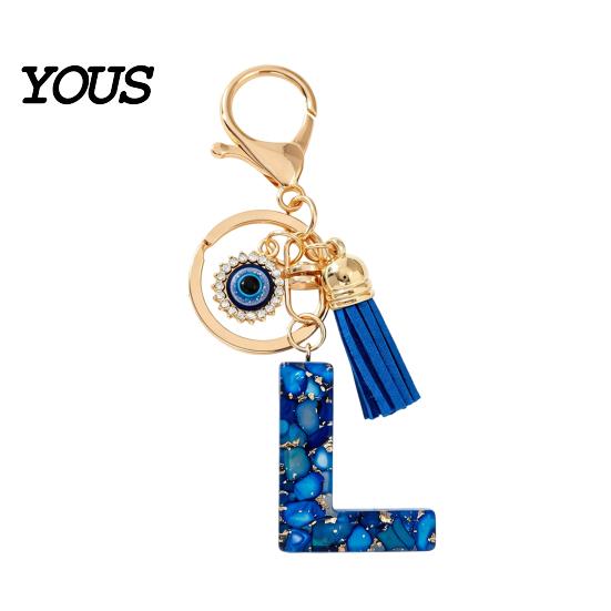 Blue Series Keychain Pendant Pendant, Initial Letter Charm Key Chain with Eyes Portable Organizer Tassel Design, A-Z Holder for Bags Backpacks