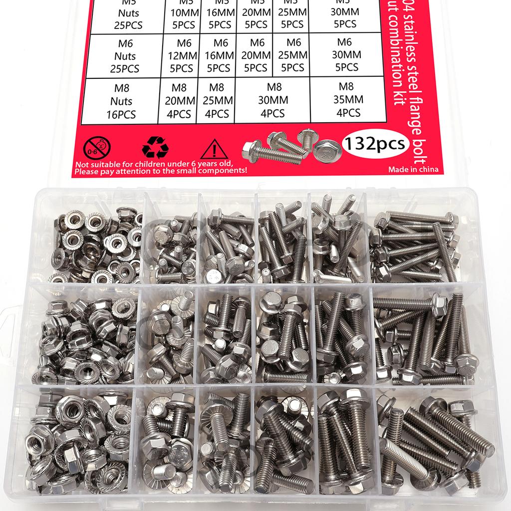 132pcs Stainless Steel Hexagonal Flange Bolt and Nut Set, M5, M6, M8 Flange Bolts and Nuts, Flange Plate, for DIY Projects.