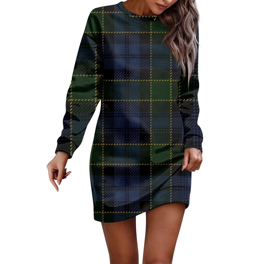 Women's Round Neck Plaid Patchwork Printed Long Sleeve Hip Dress Sweatshirt Dresses