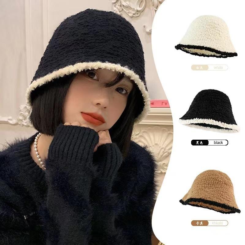 Hat Black Knitted Plush Bucket Hat Women's Autumn and Winter Big Head Circumference Bucket Hat Versatile and Small Face