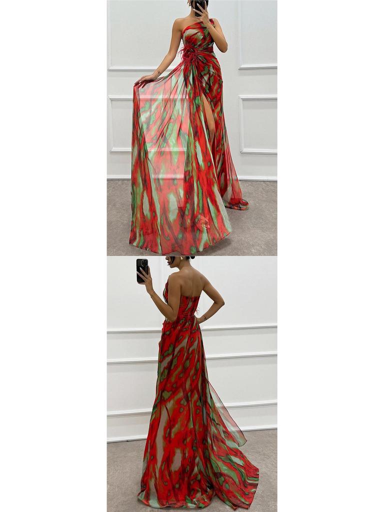 2026 European Chiffon Printed Split Long Casual Party Dress for Women