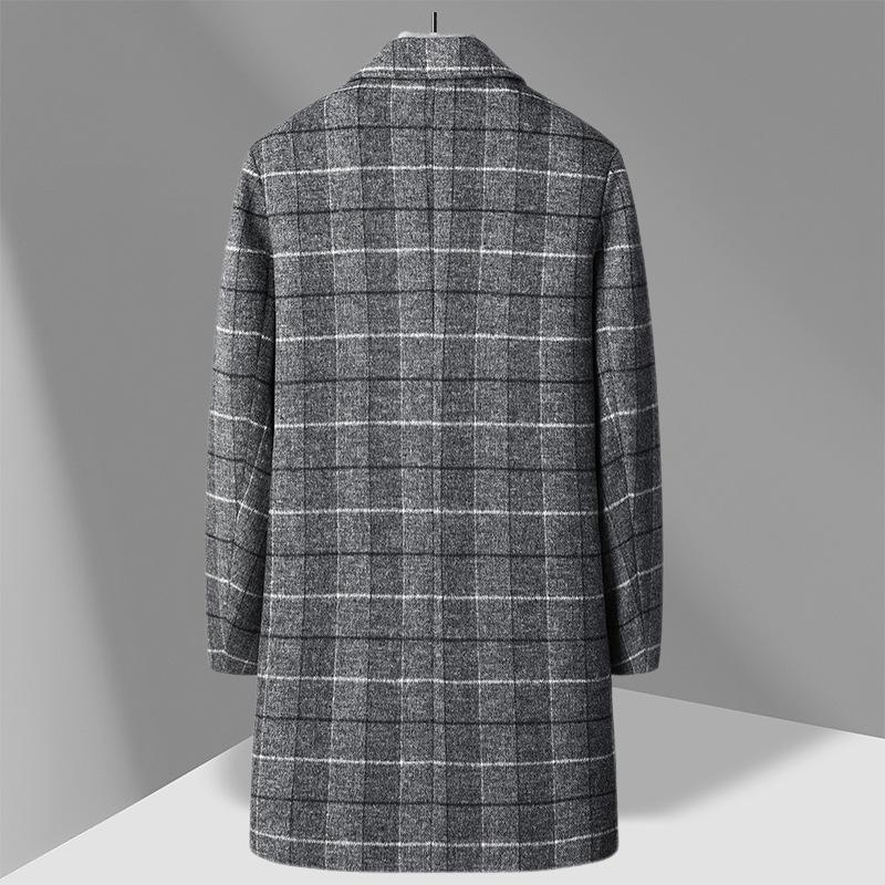 Autumn and Winter Woolen Coat Men's Medium and Long Business Casual Plaid Cotton Thickened Woolen Coat