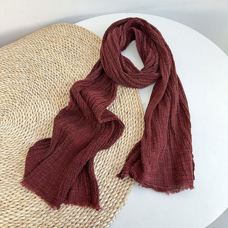 Retro Old Texture Pleated Solid Color Linen Scarf Thin And Narrow Silk Scarf Extended Neck Protection Scarf Autumn And Winter Warm