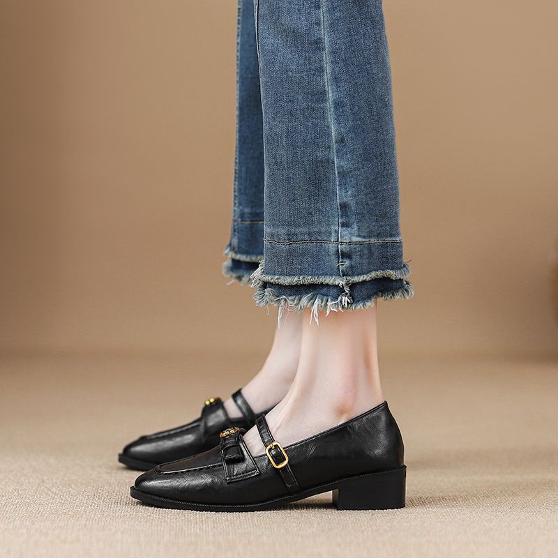 Mary Jane Shoes Women's 2025 Soft-soled Single Shoes Camellia Retro Small Leather Shoes Thick Heel One-word Buckle Work Shoes