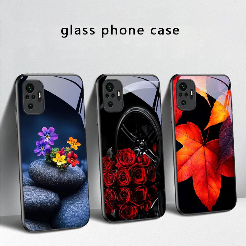 Small pebble flowers For Redmi Note 14 Pro+ 13 Pro 8 9 9S 12S 10 Pro 11 12 13C 14C A3 12 13 K60 Ultra Black Glass Phone Case